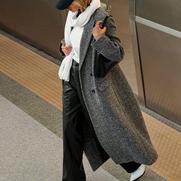 Grey Casual Women's Herringbone Lapel Collar Long Sleeve Overcoat - Picture 6 of 6